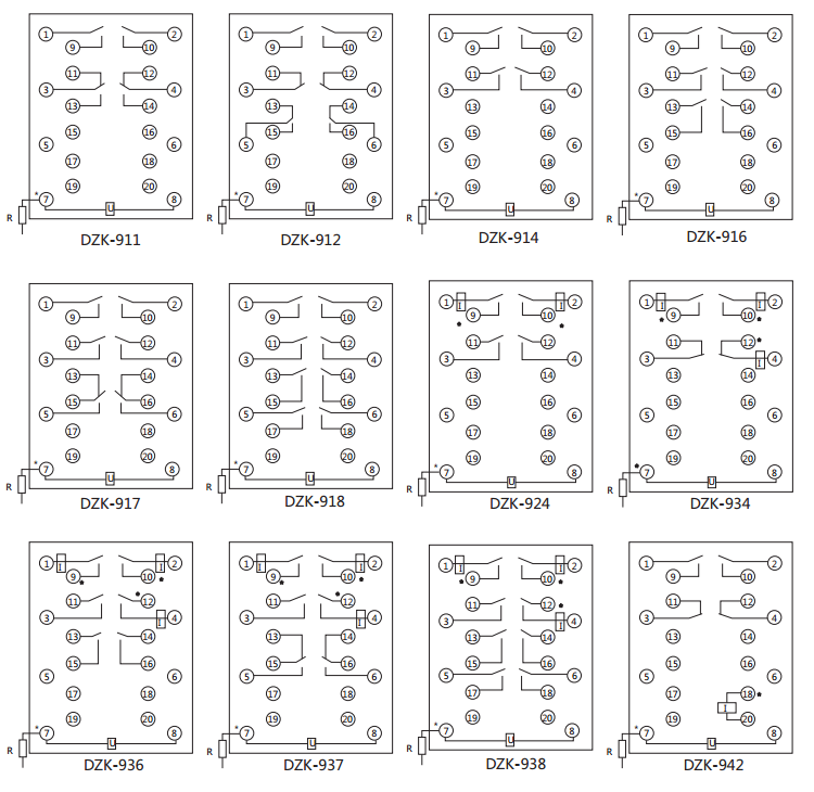 DZK-916快速中間繼電器內線接線及外引接線圖(正視圖)